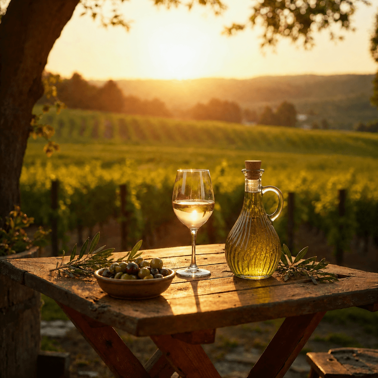 Wine and olive oil at vineyard golden hour